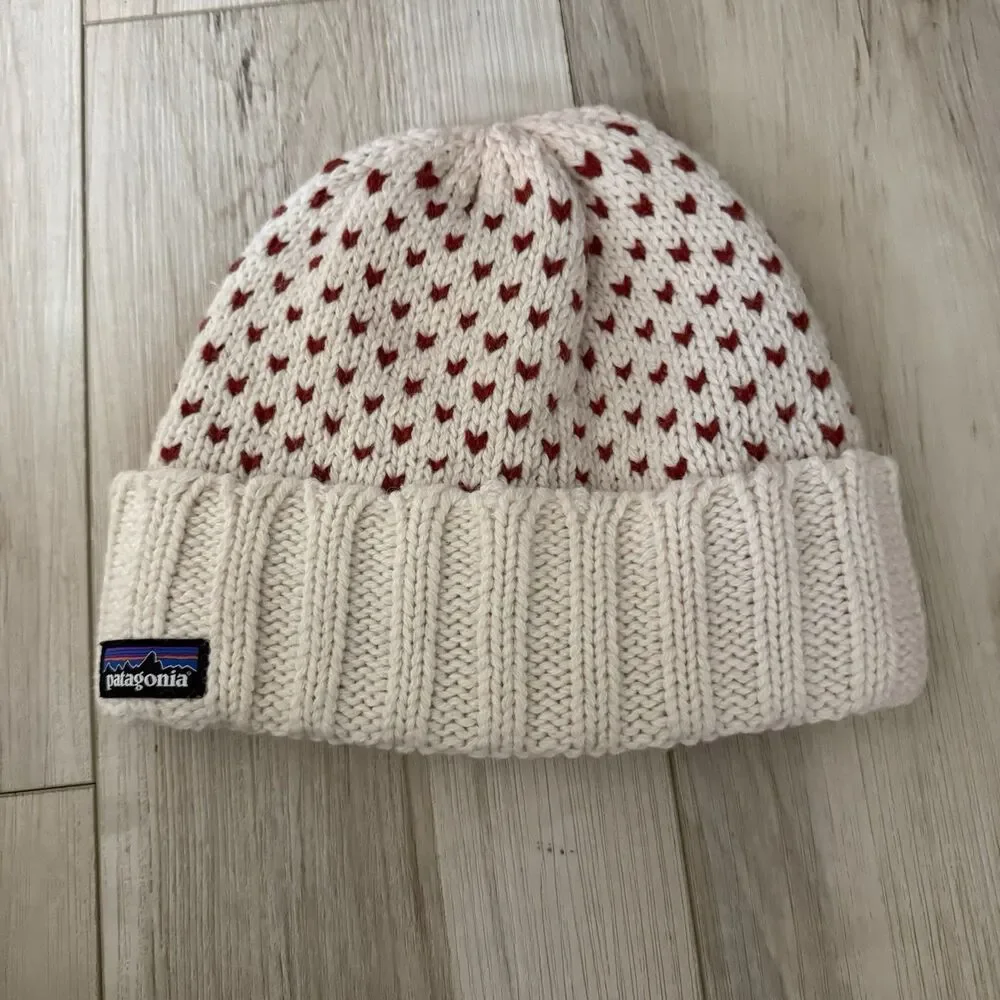 Patagonia Recycled Wool Beanie Hat Cream Red Fair Isle Heart Fleece Lined